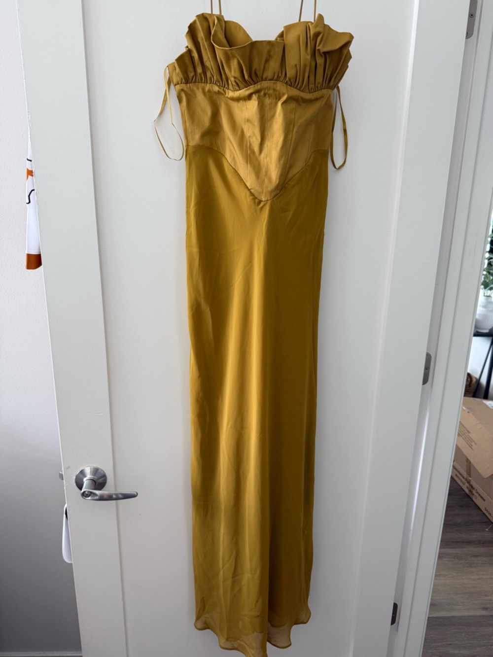 ASOS Mustard Yellow Ruffle Strapless Maxi Dress
